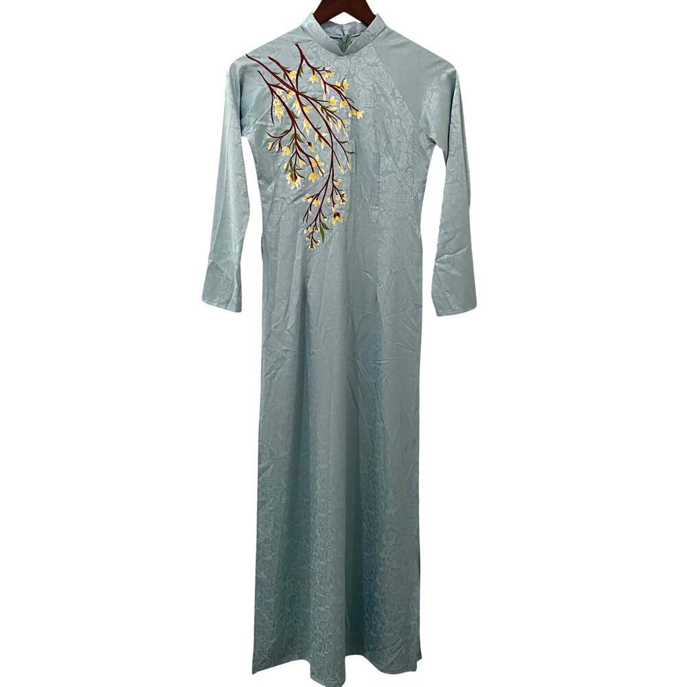 Cheongsam Silk Maxi Dress Blue Embroidered Floral Mandarin Collar XS S